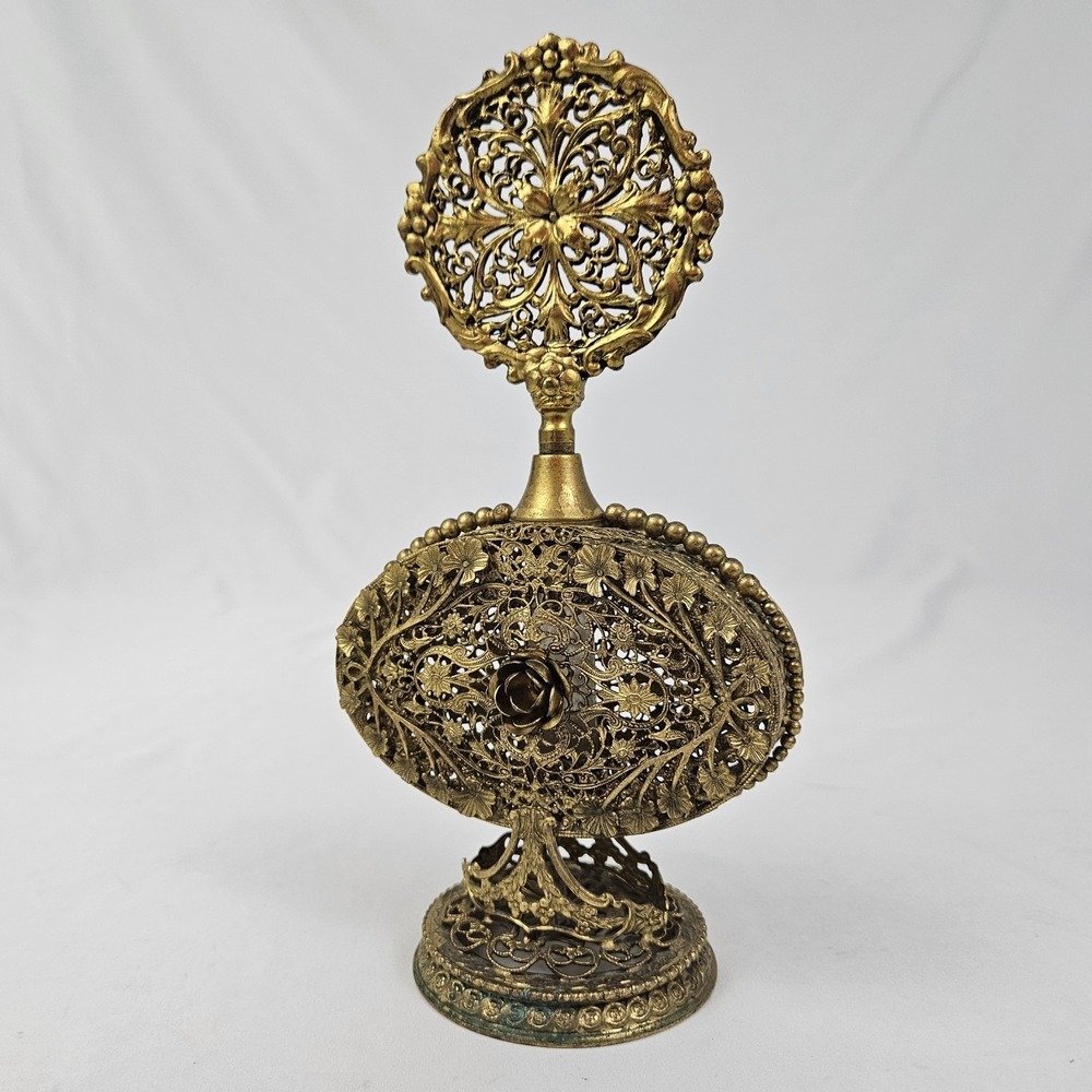 Vintage Brass Filigree Floral Ormolu Perfume Bottle Antique Victorian Ornate - Picture 3 of 12